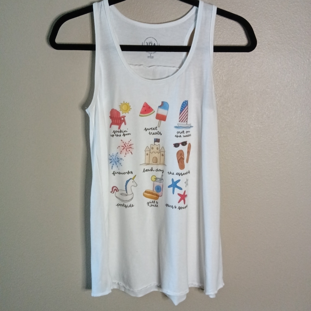3OA Swingy Jersey Tank Top White Beach Print Size Small